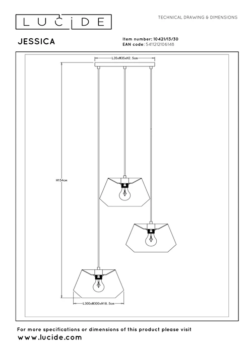 Lucide JESSICA - Suspension - Ø 35,5 cm - 3xE27 - Noir - technique